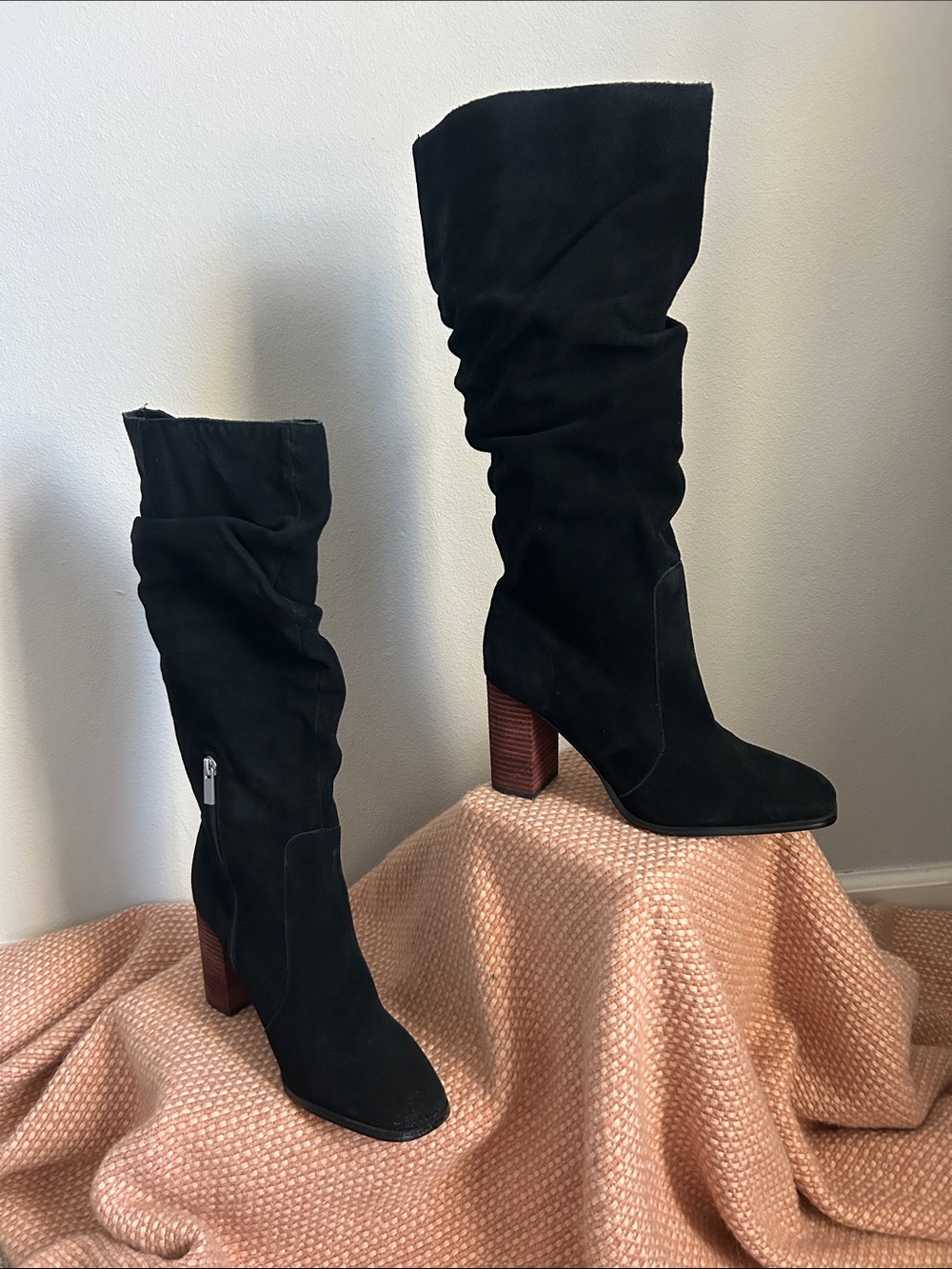 Splendid Black Suede Mid-Calf Slouch Boots with Brown Block Heel in Black Sz 9.5